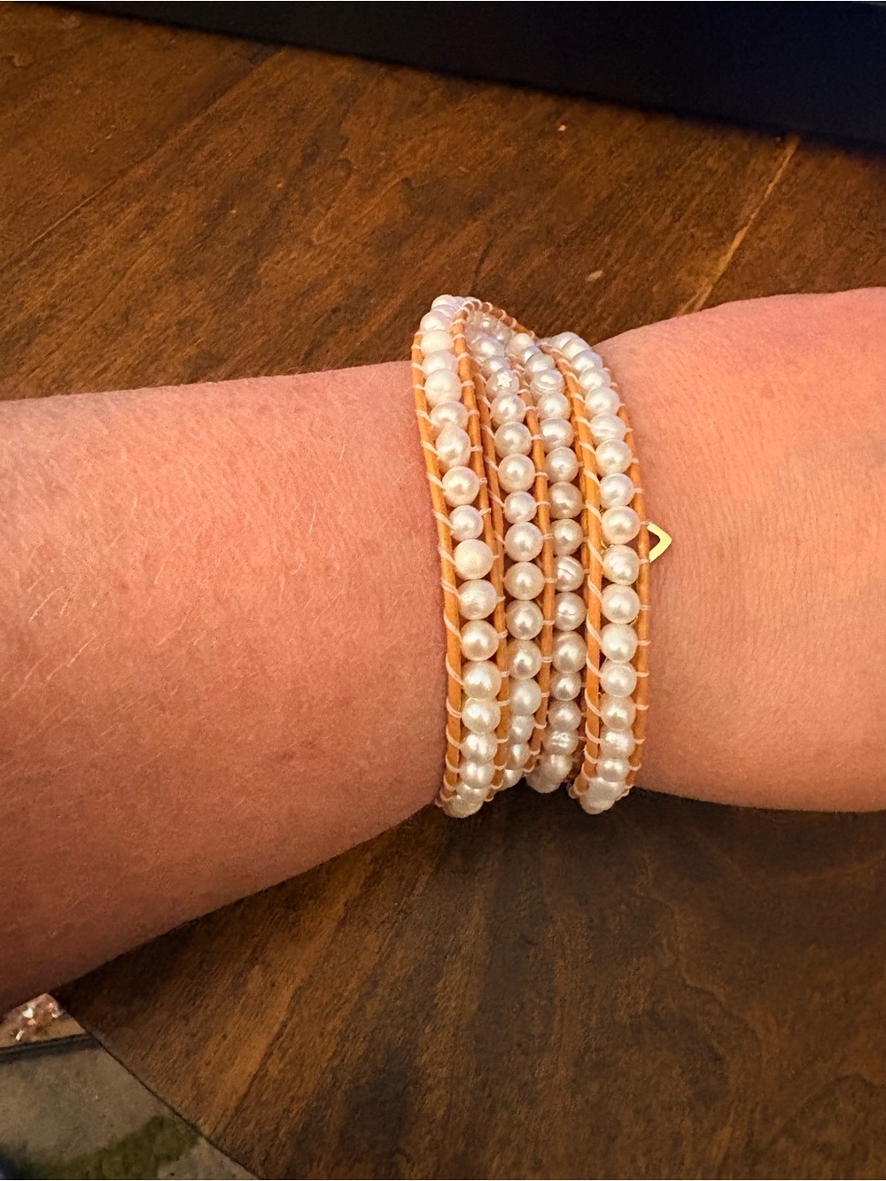 Victoria Emerson Pearl Wrap Bracelet - Cream Pearlescent with Tan Leather